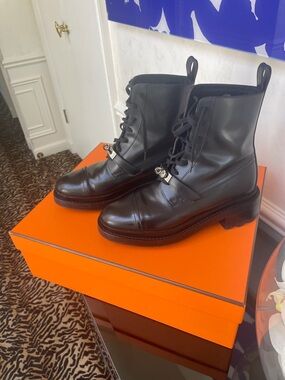 Hermes Black Leather Lace-Up Combat Boots with Silver Hardware